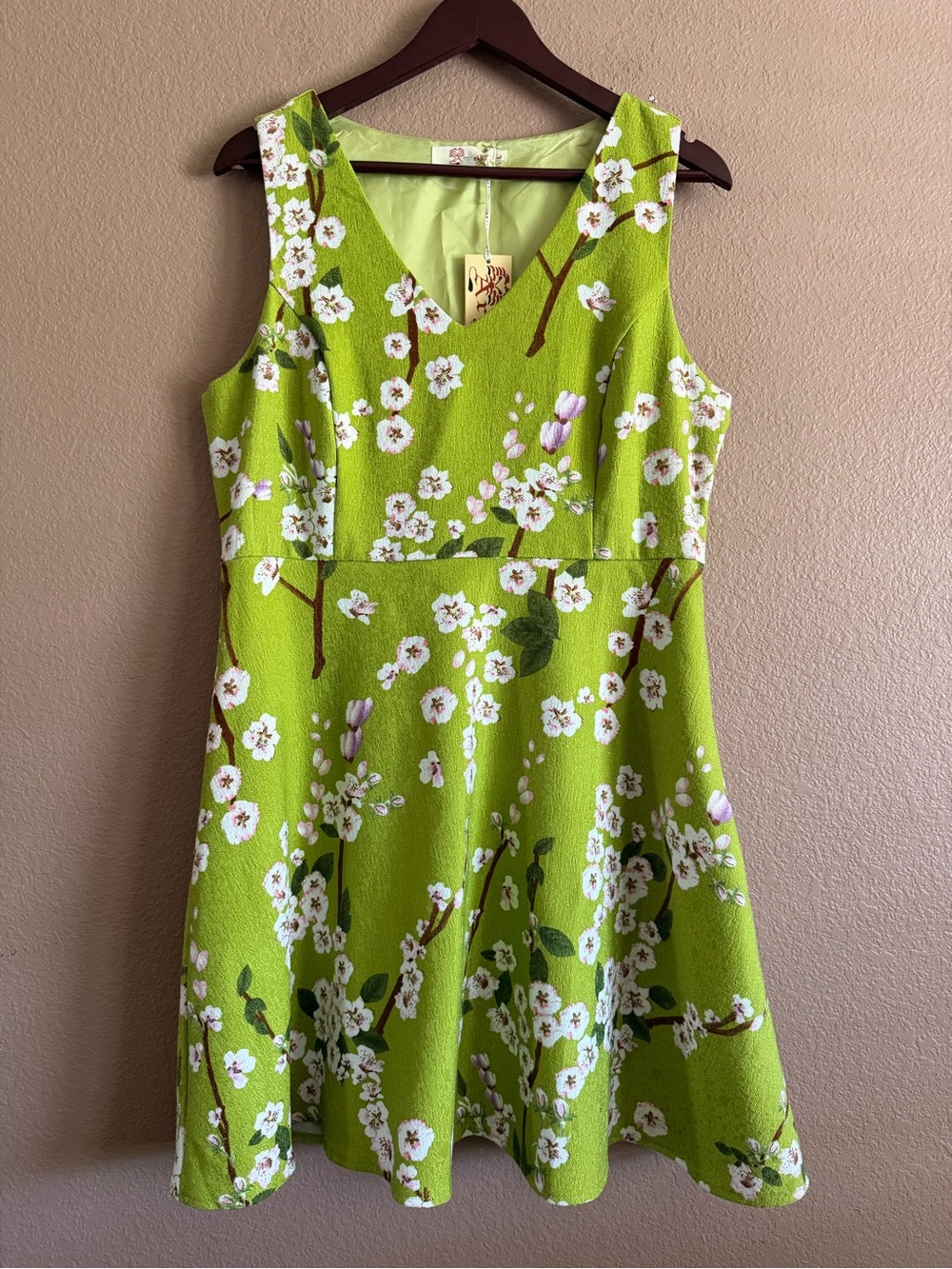 Aryeh Light Green Cheery Blossom Fit and Flare Floral Dress Size Large NWT